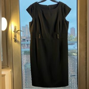 Chic Tahari ASL Black Sheath Midi Dress with Gold Button Accents, SZ 18 preowned